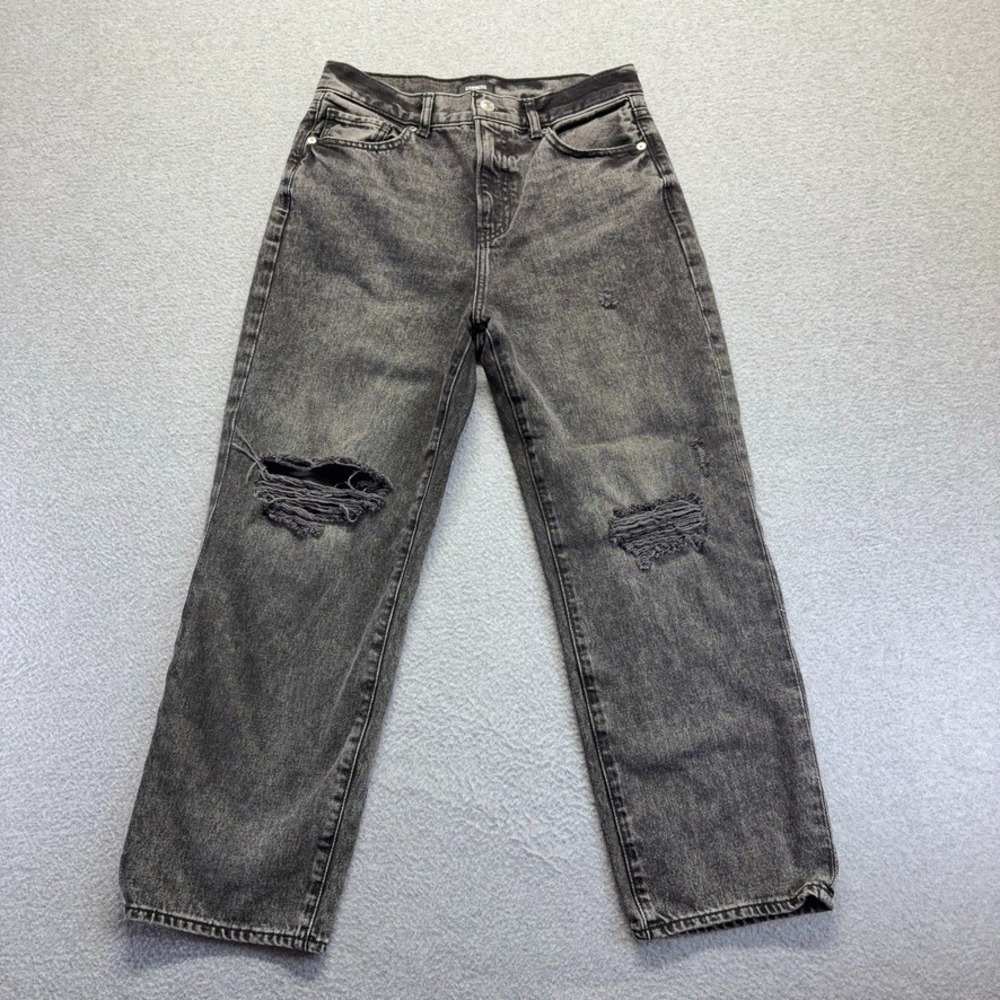 Express Jeans Womens 6 Black Straight Ankle‎ High Rise Distressed Ripped Denim